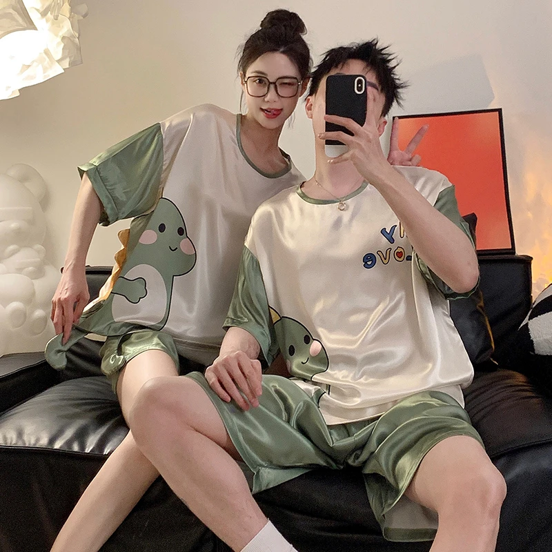 

Cartoon Dinosaur Summer Women Men Pajamas Set Sleepwear Korean Pijama Suit Silk Loose Lover Pyjama Night Wears Night-Clothes