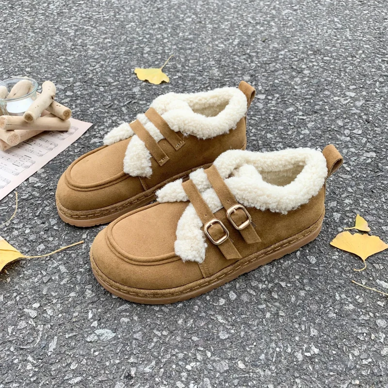 

Women's Winter Shoes Thermal Plush 2022 New Women's Shoes Fashion Casual Flat Shoes Women's Ankle Boots Cross Strap Round Toe