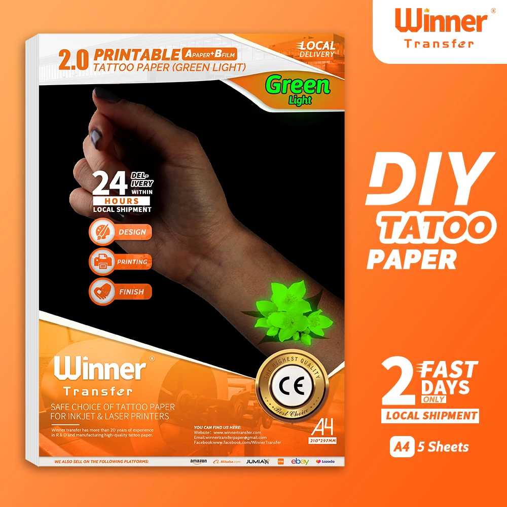 

WinnerTransfer Manufacturer Tattoo Paper Luminous Green for Laser&Inkjet Printer Printable Temporary Skin Sticker