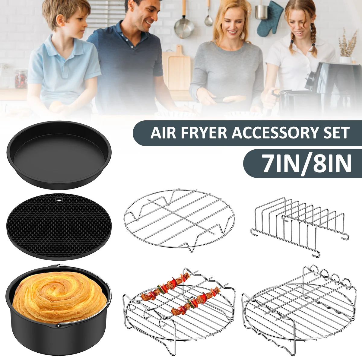 

6Pcs Air Fryer Accessories Set Stainless Steel Air Fryer Accessories with Baking Tray Pizza Pan Skewer Rack Toast Rack Silicone