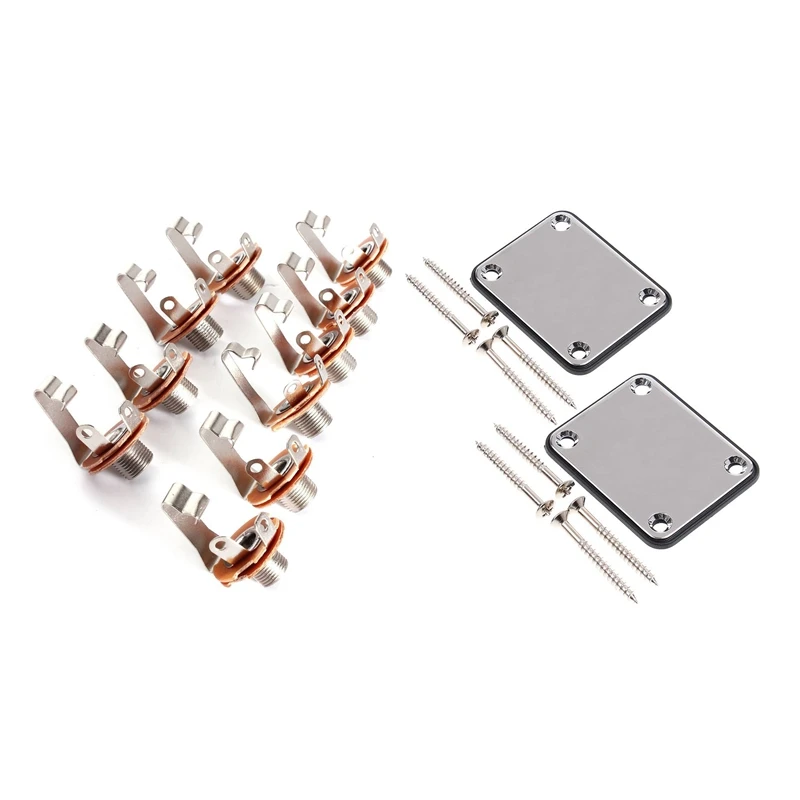 

10 Pcs Mono Input Jack For Guitar Bass 6.35Mm Orange & 2 Pcs Guitar Metal Neck Plates With Plastic Mat