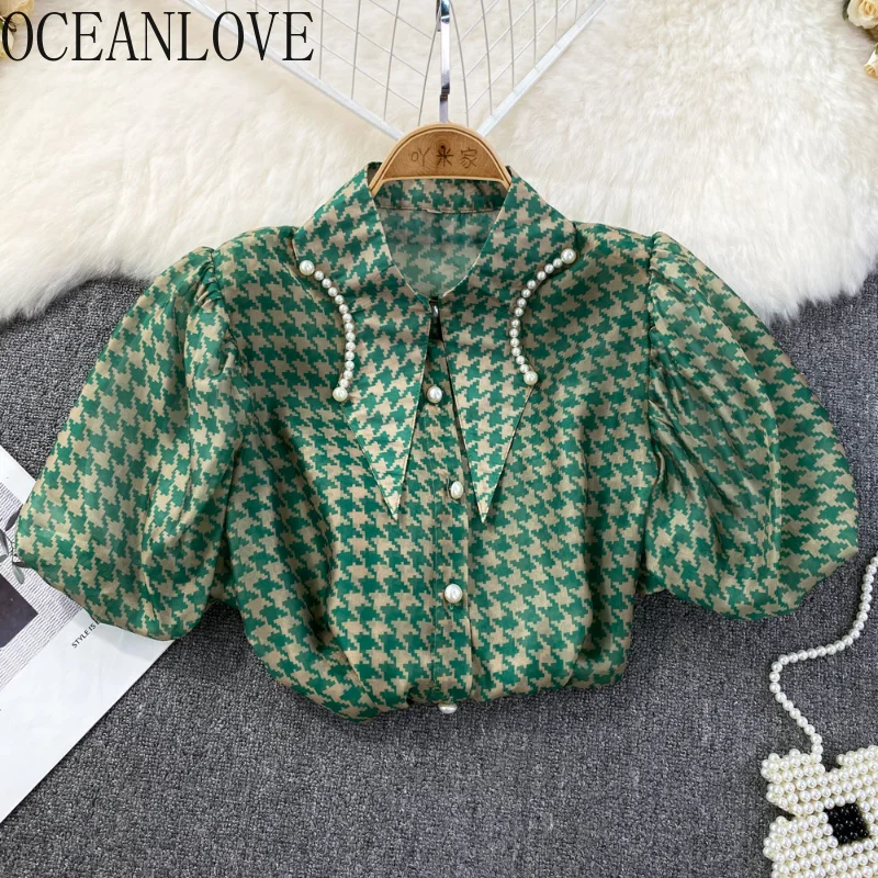 

Plaid Pu Sleeve Women Blouses Spring Summer Beading Vintage Blusas eminina Korean ashion Elegant Shirts Tops