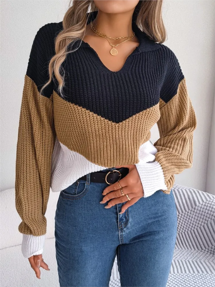 

2023 Autumn Winter New Sweater Color Matching Women's Knitwear Street Hipster New Pullover V- Neck Loose Sweaters Elastic Tops