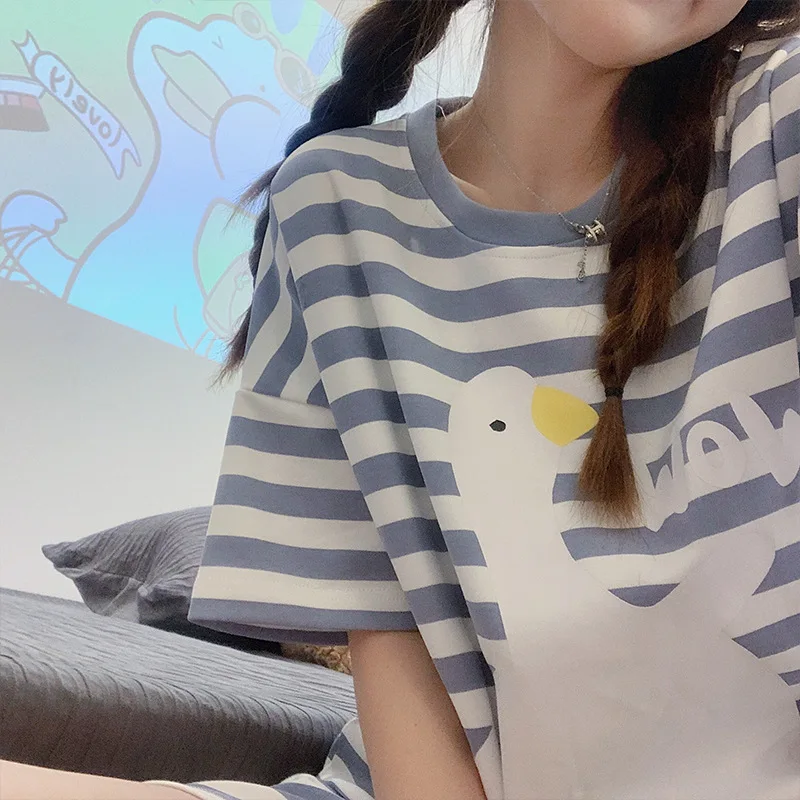 Kawaii Women Nightsuit O Neck Pajamas Set Cross Stripe Leisure Pyjama Mujer Cozy Sleepwear for Young Girls Summer Tops Shorts