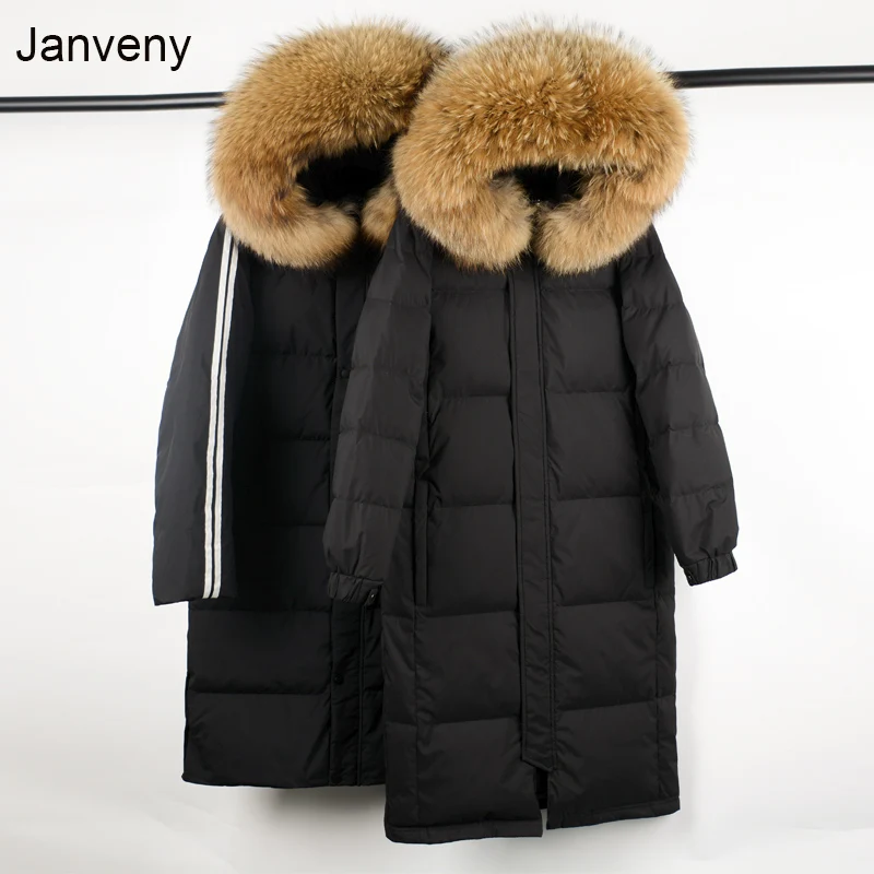 

Janveny Large Real Raccoon Fur Collar 2021 Women Winter 90% Duck Down Jacket Female Loose Thick Long Feather Coat Plus Size