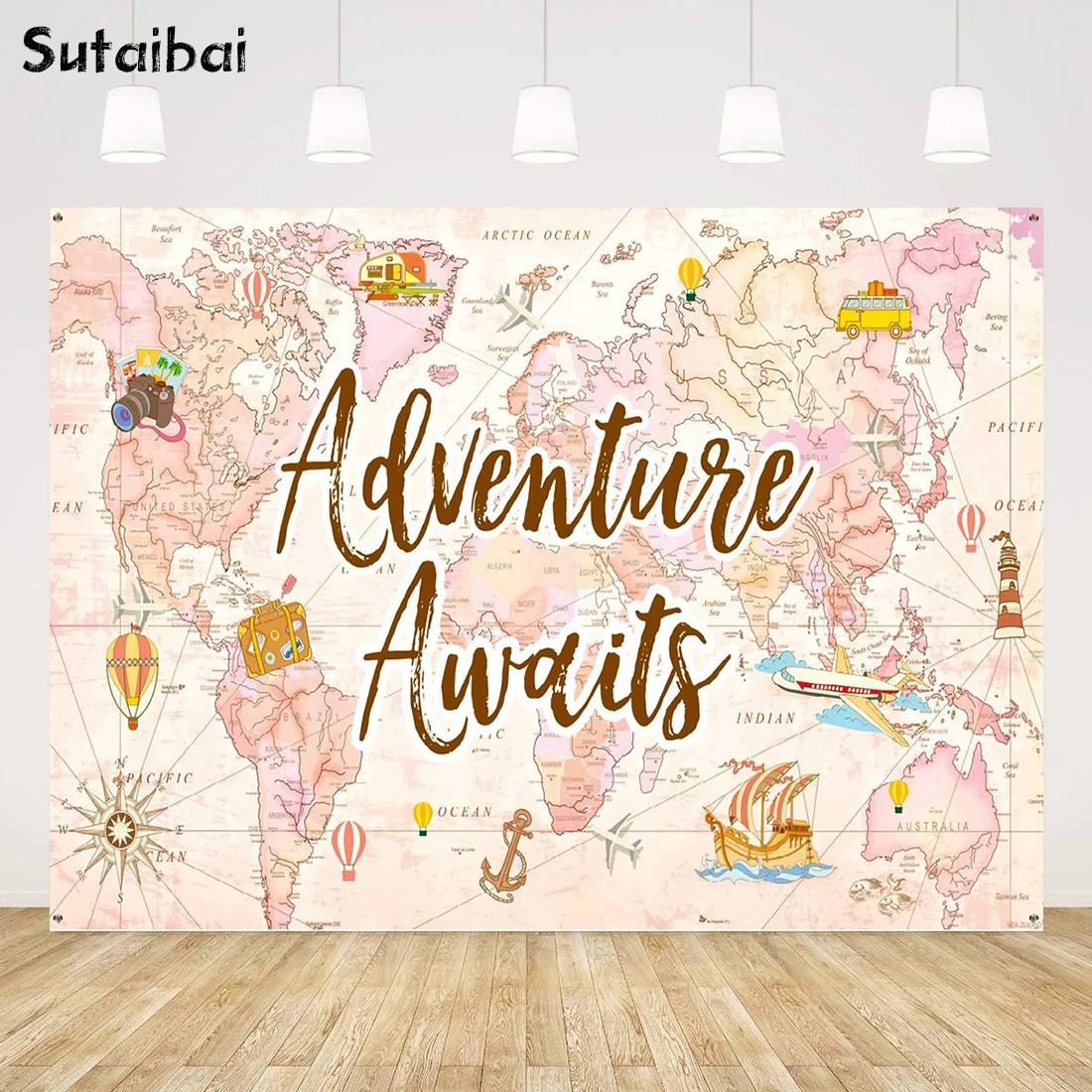 

Adventure Travel Theme Girls Birthday Party Backdrop Vintage World Map Decorations Baby Shower Cake Table Banner Background