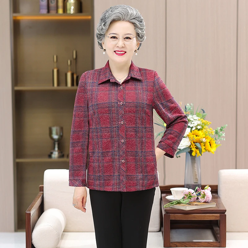 

Elderly Women Blouses Autumn Old-age Mother Plaid Tops Long Sleeve Printed Shirt Grandmother Spring Cardigan Coat 5XL