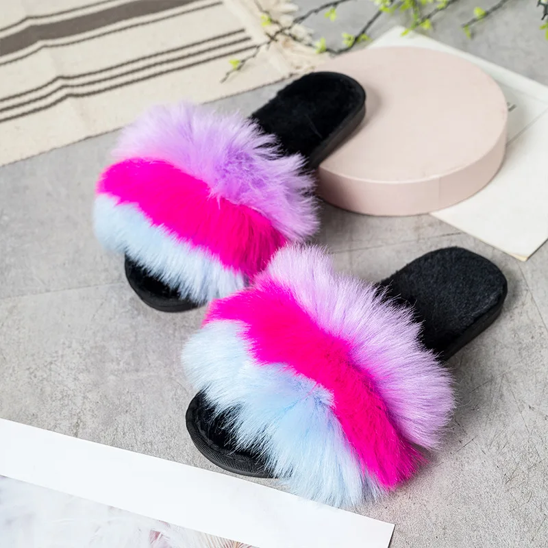 Autumn-Winter 2022 New Plush Women's Slippers Europe And The United States Cotton Rainbow color Fashion Casual Women's Slippers