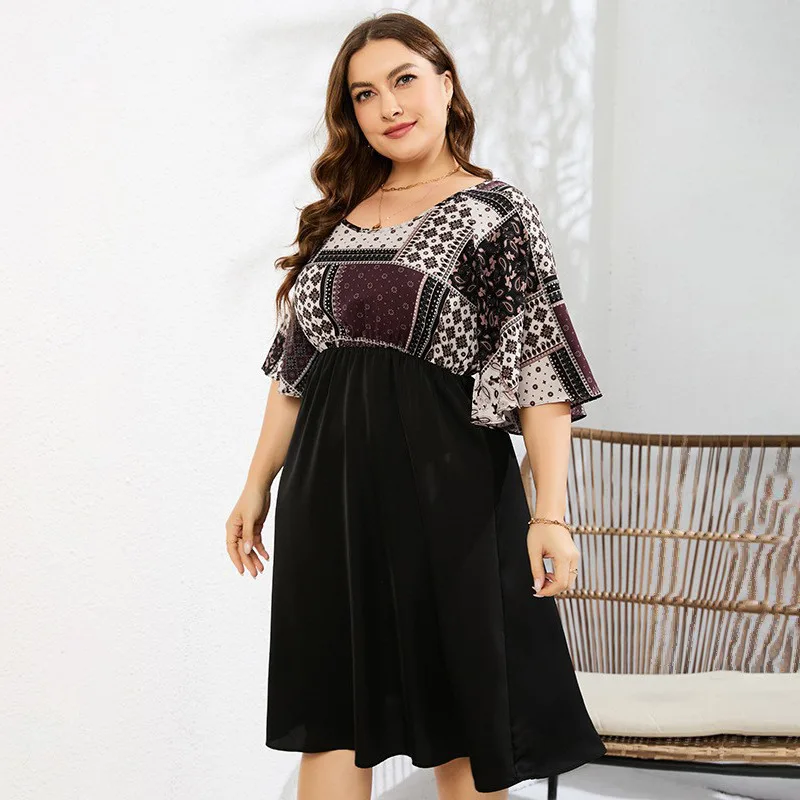 

2023 Lady's High Waist Printed Loose Slim Sleeve Plus Size Dress