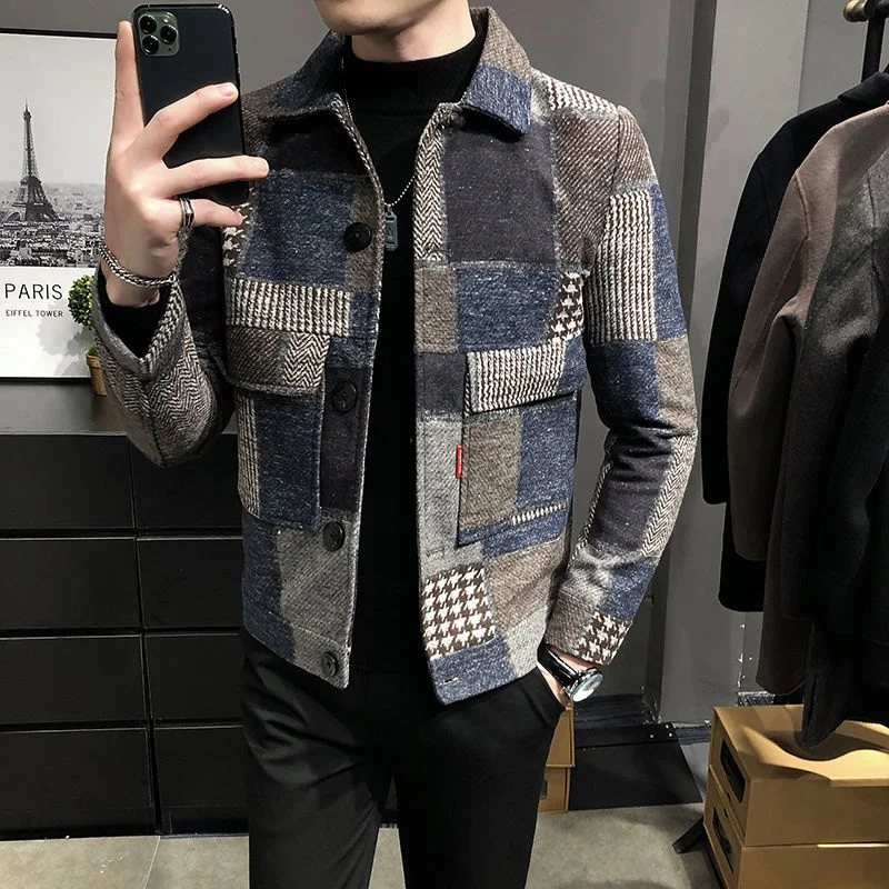 

Hombre Abrigo 2022 Korean Casual Men Stitching Jacket Slim Jacket Fashion Warm Long-sleeved Plaid Gentleman Pockets Coat Jacket