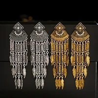 ethnic fashion long tassel drop earrings women crystal gold color alloy feather hanging dangle earring bridal wedding jewelry