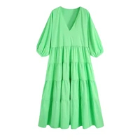 summer new chic loose patchwork v neck women dress green puff sleeve solid color female midi dresses elegant basic clothes