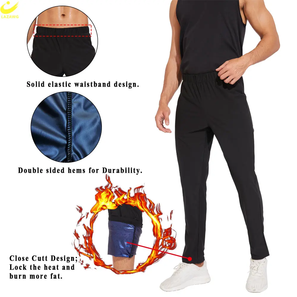 LAZAWG Sauna Leggings for Men Sweat Pants Weight Loss Trousers Workout Slimming Low Waisted Body Shaper Fat Burner Sport Gym
