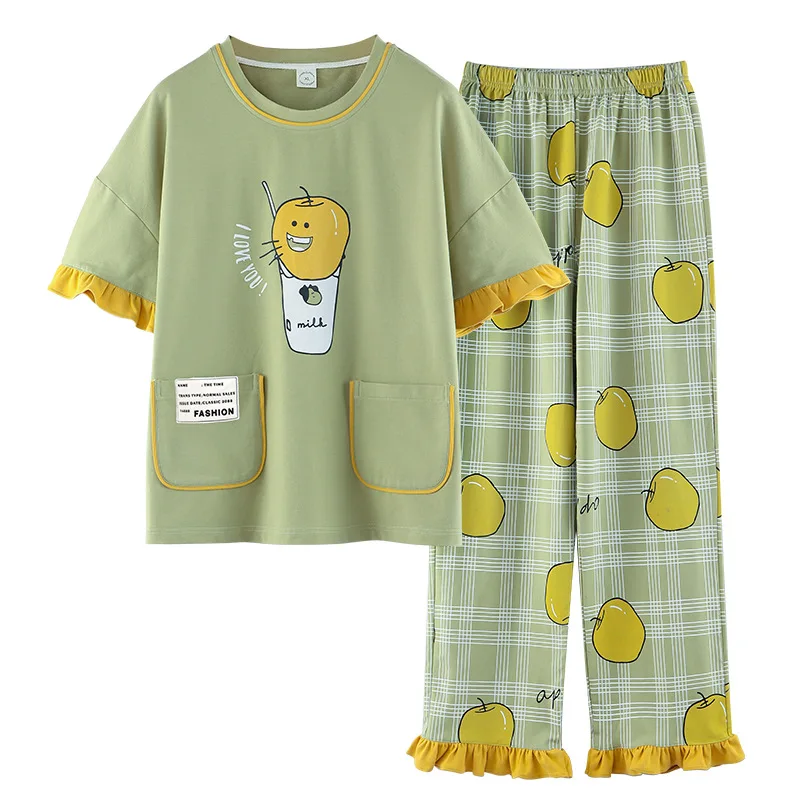 QWEEK Kawaii Pajama Clothing Sets Women Summer Sleepwear Cotton Pijamas Ruffles Apple Cartoon Print Pyjamas Plaid Pants Roomware