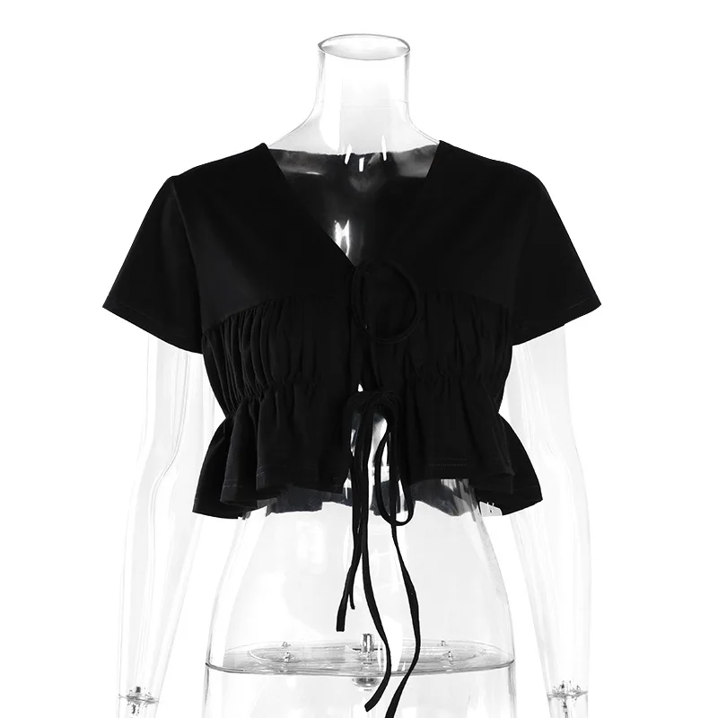 

2021 Y2K Women Basic Kawaii Tees Streetwear Punk Loose Navel Black T-shirt Harajuku Goth Sexy V-neck Shirring Short Sleeve Top
