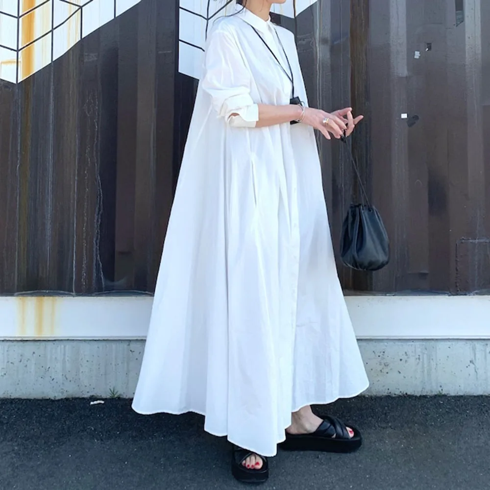 

Shirt Dresses For Women 2022 Summer Expansion Loose Office Lady Lapel Single-Breasted Long Sleeve White Plain Female Maxi Dress