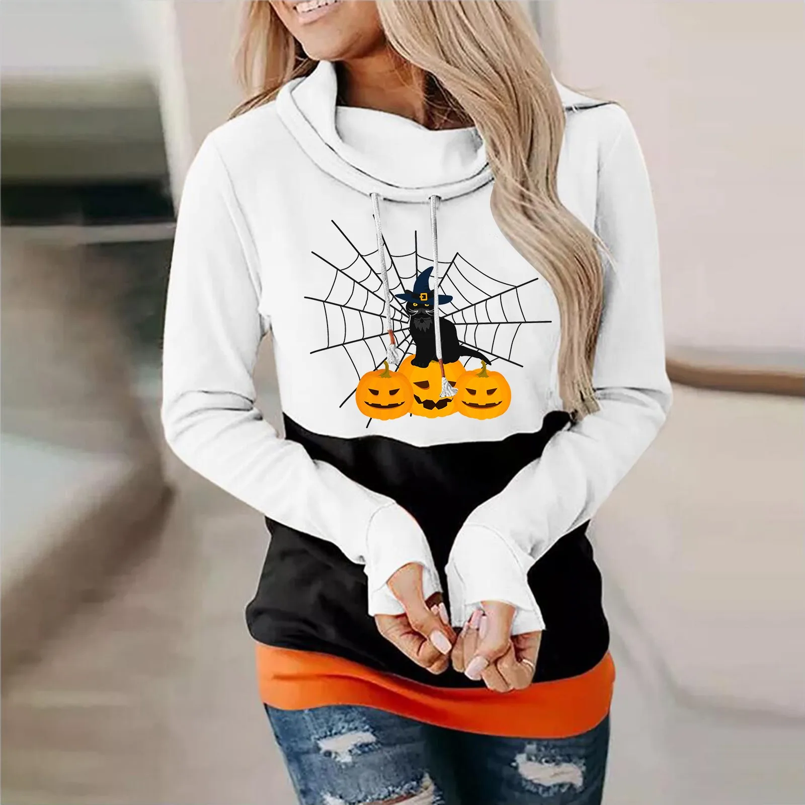 

Women Halloween Printing Sweatshirt Casual Long Sleeve Hooded Juniors Long Hoodies Ladies Tunic Hoodies Fall Turtleneck Women