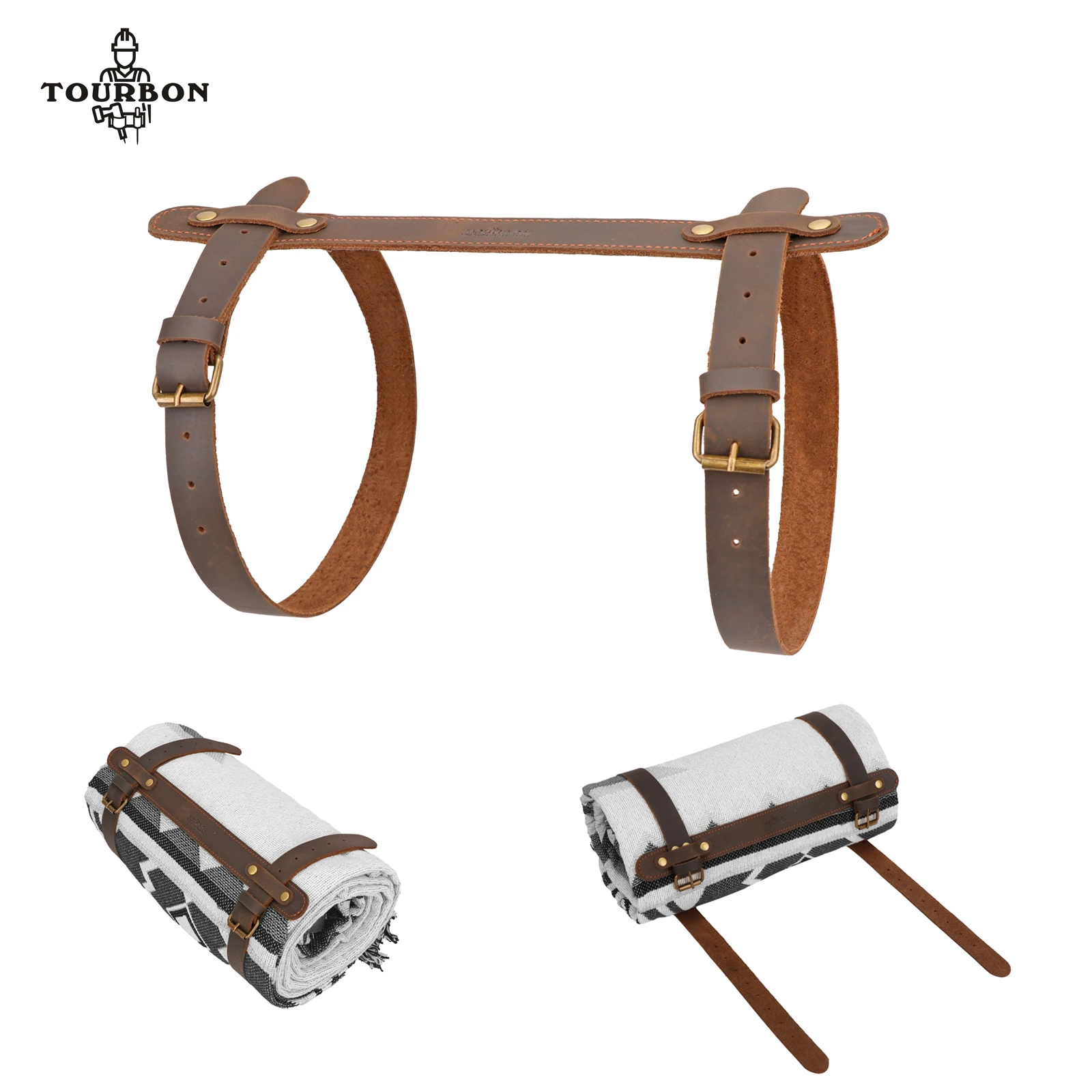 Tourbon Leather Picnic Mat Blanket Strap Cargo Strap Travel Tied Cargo Luggage Tool Strap Outdoor Camping