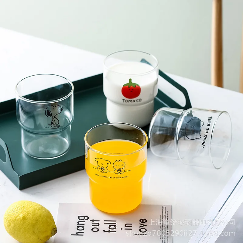 

Kawaii Snoopy Anime series Cute Fashion Cartoon Pattern High-value Simplicity Transparent Stackable Glass Breakfast Mug Gift