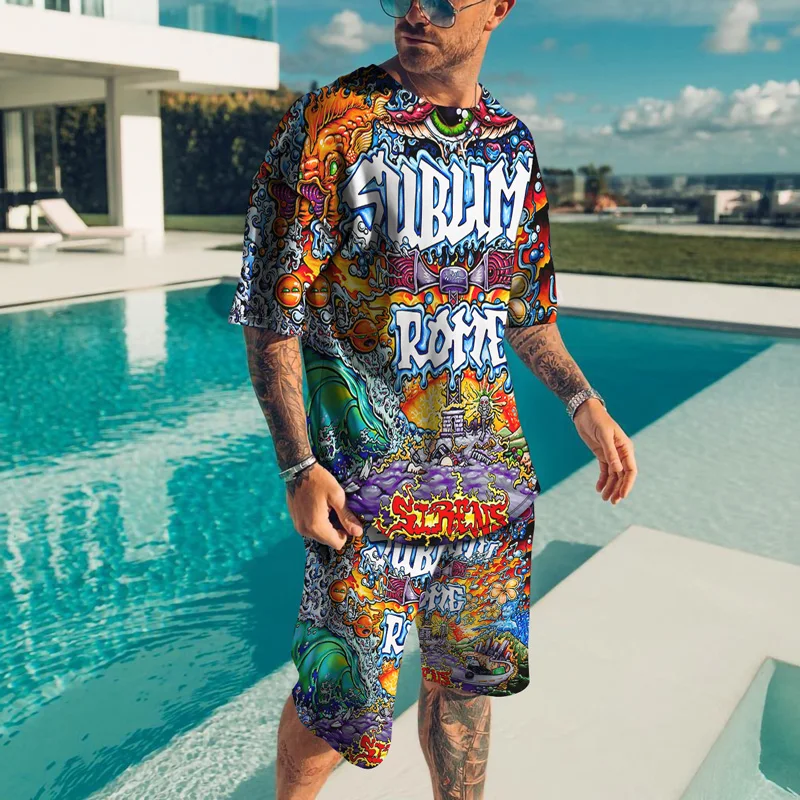 2023 Personality Harajuku 3D Cool T-shirt Shorts Suit Suit Men Oversized Cloth Tracksuit New Summer Men T-shirt Suit 3D Printed