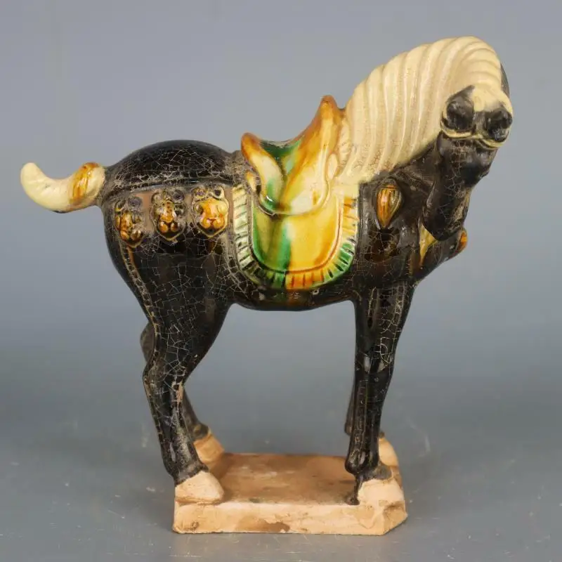 

Chinese Tang Tri-Color Glazed Ceramics Black War Horse Porcelain Statue 7.3 inch