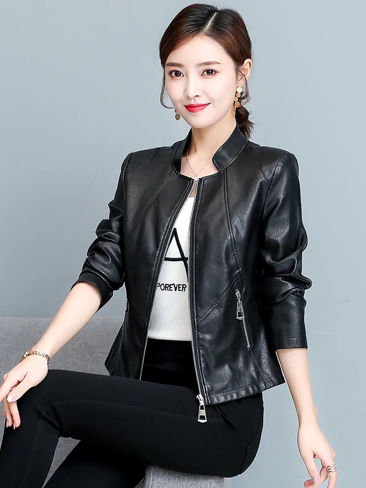 New Women Leather Jacket Spring Autumn Fashion Trend Small Stand Collar Slim Waist Split Leather Short Coat Cool Pink Outerwear