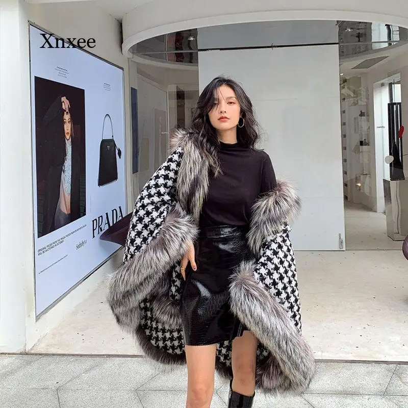 Женское шерстяное пончо теплое модное вязаное пальто с рисунком гусиная лапка и