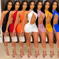 2022 spring new women sexy cut out mini dress halter drawstring deep hollow sleeveless bodycon dress party club outfit female