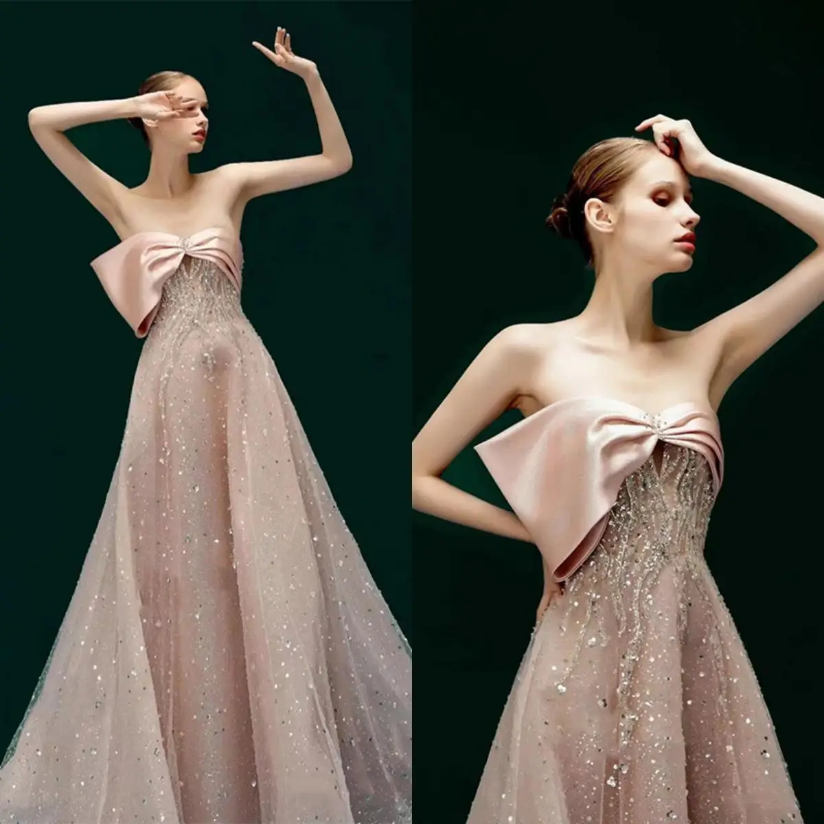 

14211#IENA A-Line Elegant Bow Beading Strapless Luxurious Sequin Maxi Evening Dresses Prom Party Gowns Quinceanera Bridal Dess
