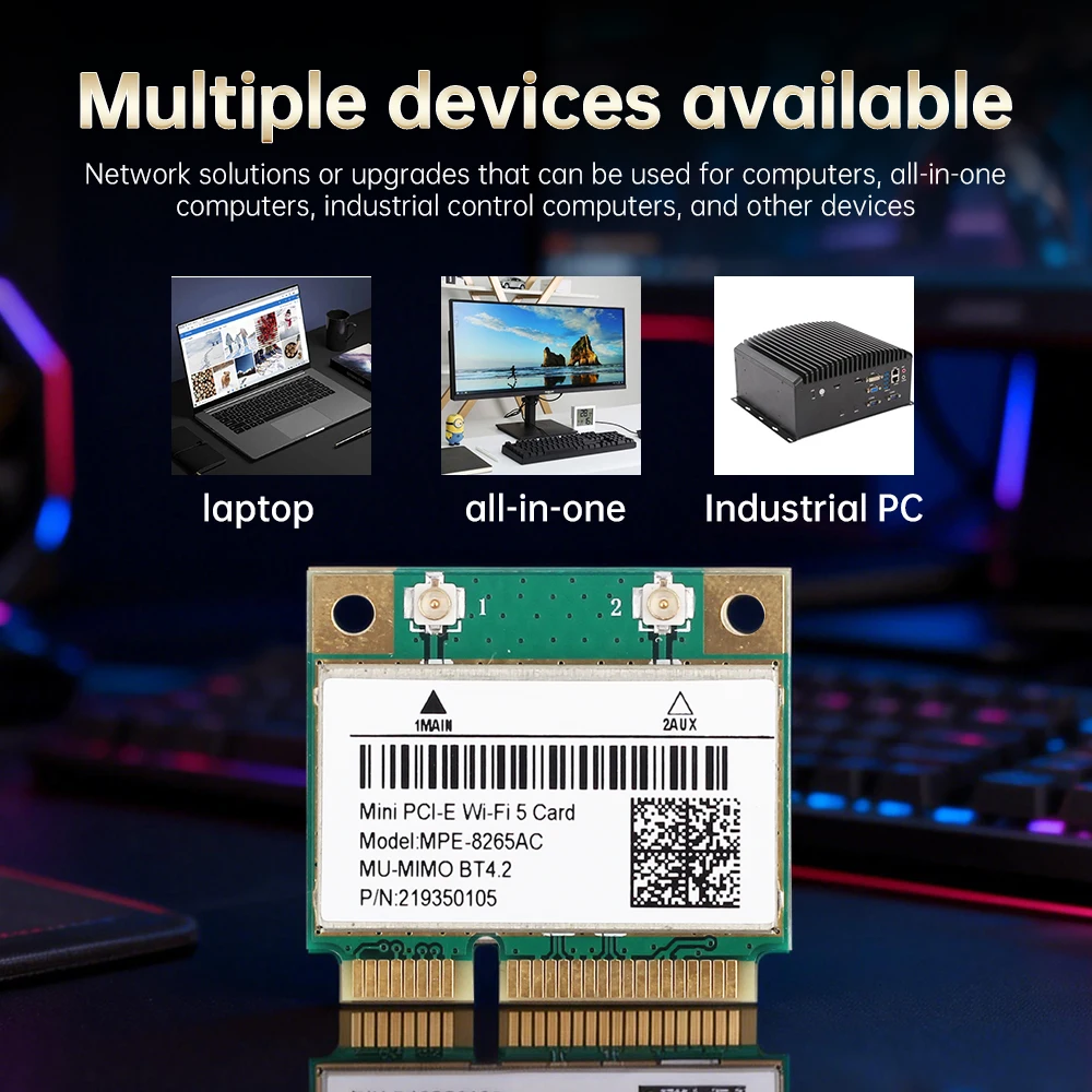 Фото WiFi 5 MPE-8265AC MINI PCI-E WIFI-карта, двухдиапазонная, 2,4G/5 ГГц, BT 4,2, 1200 Мбит/с, 802.11AC, сетевая карта Wlan для ноутбуков с Windows 7/8/10 №2