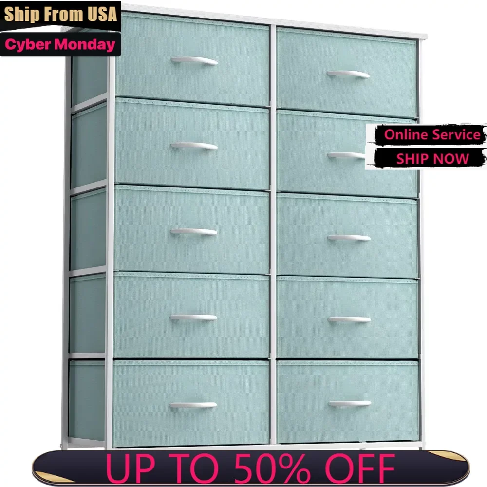 

Dresser with 10 Drawers - Storage Unit Organizer Chest Steel Frame, Wood Top, and Easy Pull Fabric Bins