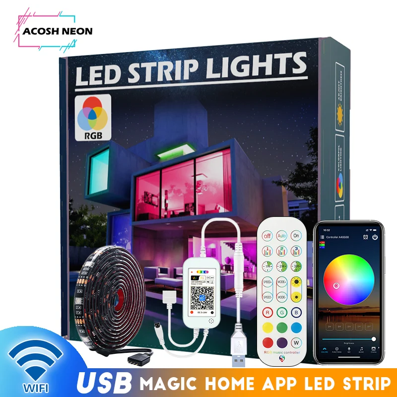 WIFI RGB LED Strip USB Power LED Strip Lighting Smart Music Sync Night Lights Work with Alexa for 32-75 inch TV, PC, Mirror