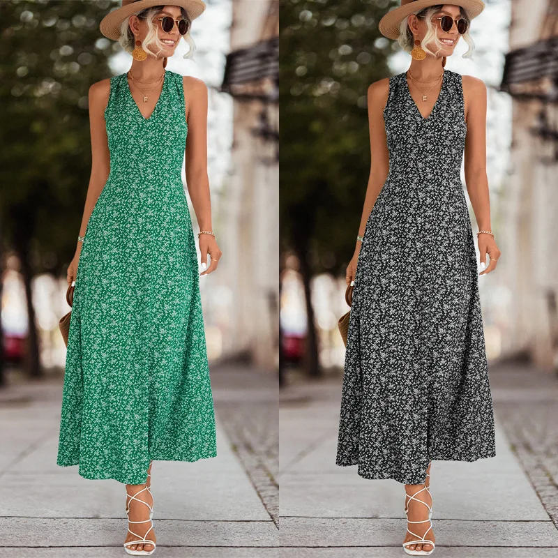 

2023 Summer Boho Sexy Backless Dress Women Fashion Elegant Party Long Dress Sleeveless V-Neck A-Line Floral Print Beach Sundress