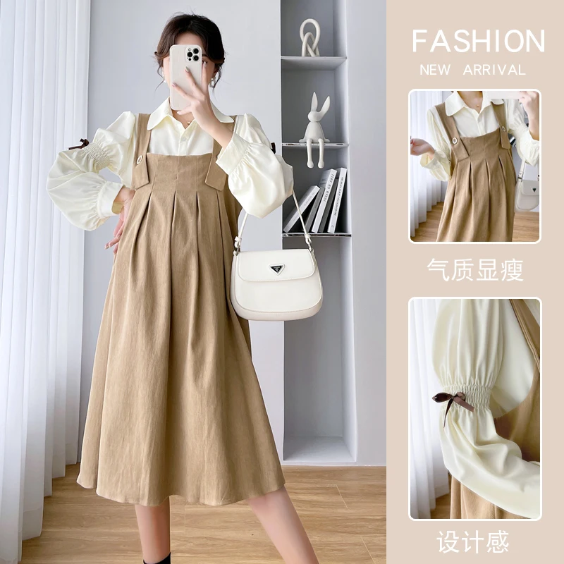 

335# Autumn Winter Maternity Sling Dress Blouses Sets Elegant Casual A Line Loose Clothes for Pregnant Women Pregnancy Clothing