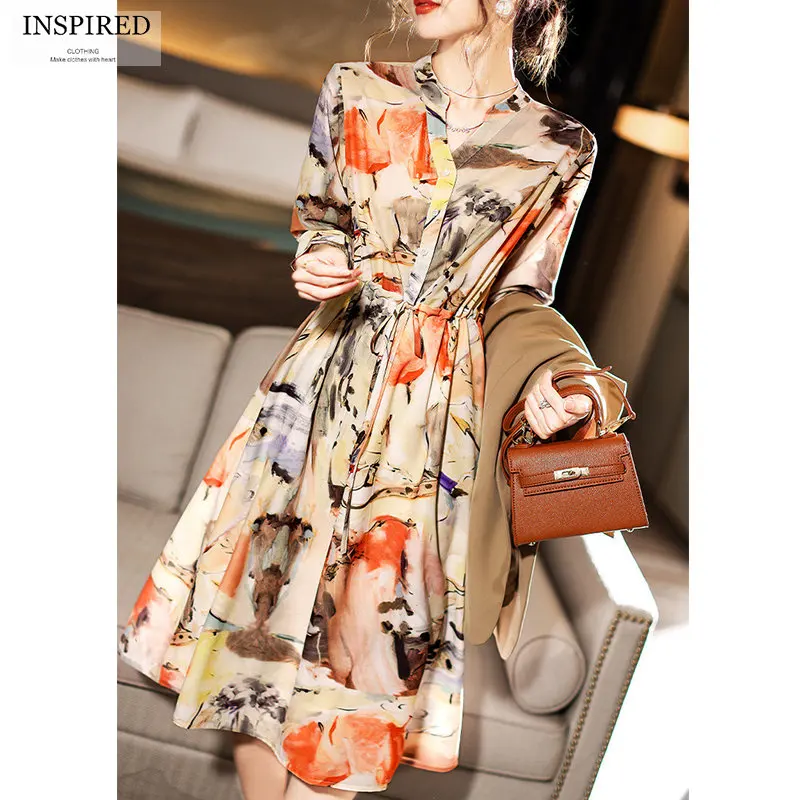 

Vintage Printed V-Neck Dress for Women 2022 Spring and Autumn New Casual Ladies Office Long Sleeve Midi Dress Fashion