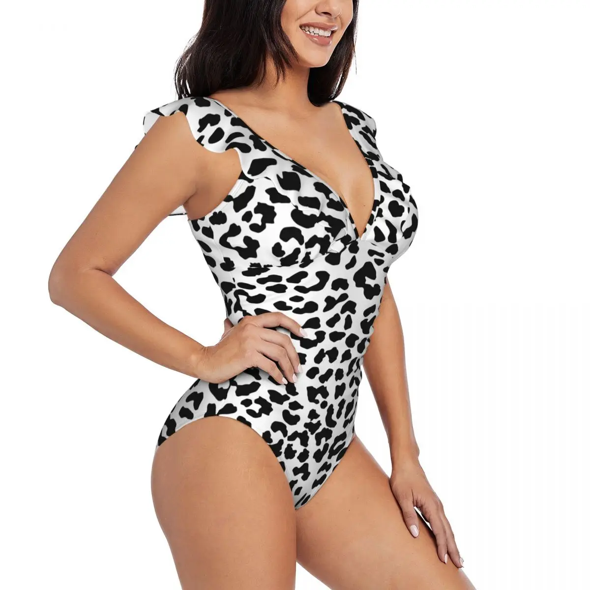 

Sexy One Piece Swimsuit Women Black And White Leopard Pattern Ruffled Swimwear Monokini Female Bodysuit Girl Beach Bathing Suit