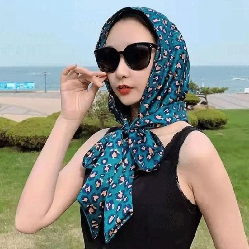 

Fashion Sunscreen Headscarf Leopard Print Simulated Silk Ribbon Neck Brace False Collar Beach Ride Grace Soft Women's Scarf B6