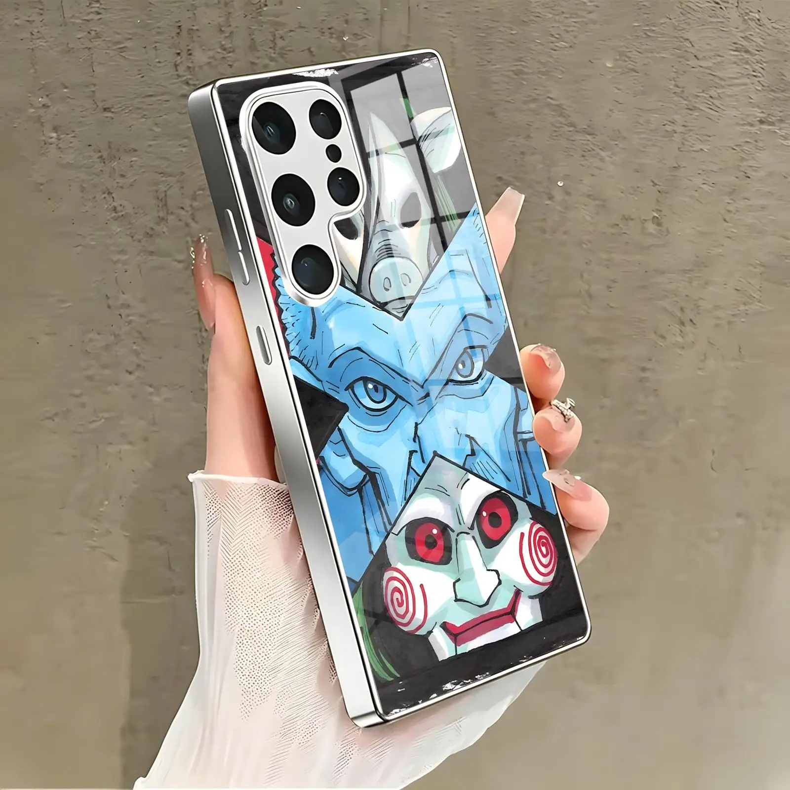 Фото Чехол для телефона Samsung S26 S25 S24 S23 S22 S21 Plus Ultra Note20, гальванизированный стеклянный чехол для телефона, классический дизайн по мотивам фильма «Пила» №3