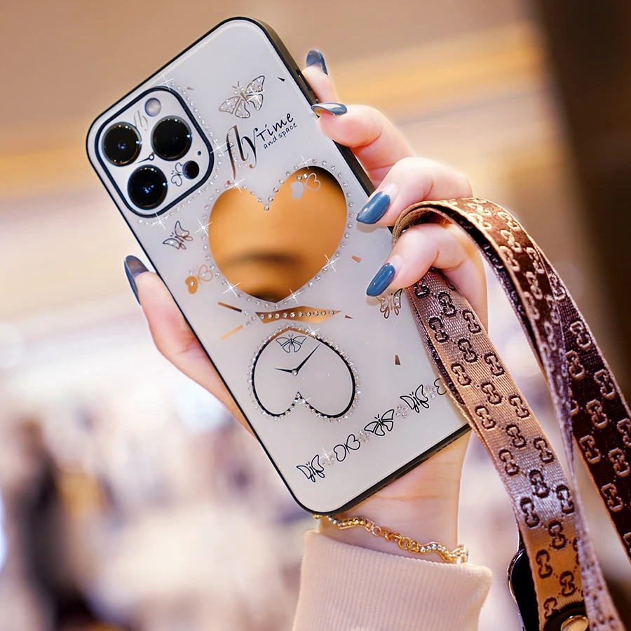 

Cute Beauty Mirror Back Cover For iPhone 14 13 12 Mini 11 ProMax 7 8 Plus Case Glitter Rhinestone with Lanyard Lens Film Protect