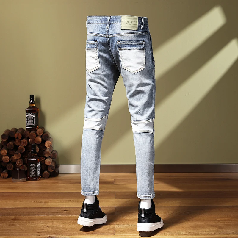 Street Fashion Men Jeans Retro Light Blue Spliced Designer Skinny Ripped Jeans Men Patchwork Hip Hop Denim Pencil Pants Hombre