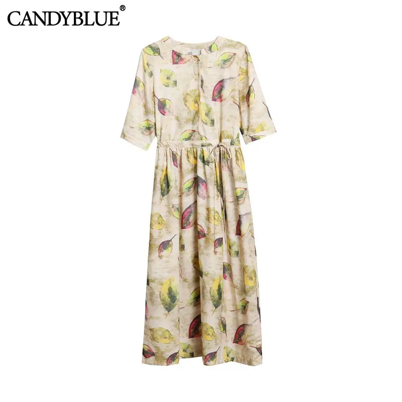 

Printed O-Neck Cotton Elastic Waist Drawstring Short Sleeve Women's Fashion Female Dress Summer 2022 Elegant Dresses For Women