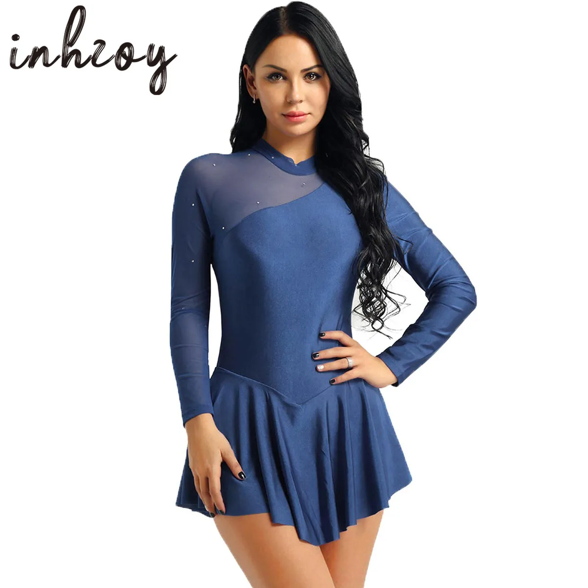 

Women Long Sleeve Figure Ice Skating Dress Shiny Rhinestone Ballet Dance Gymnastics Leotard Ballroom Performance Dance Costume