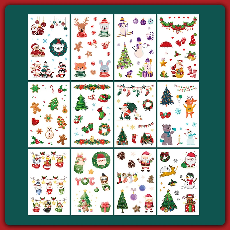 

1 лист 2023 рождественские наклейки с татуировками для детей, милые Мультяшные переводные наклейки для лица, рук, боди-арта, макияжа, татуировк...