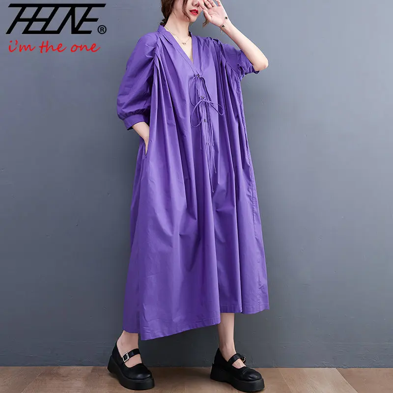 

Oversized Blouse Robe Dress Women Summer Dress 2023 Solid Fashion V Neck Casual Loose Ladies Dresses Indie Folk Vestido Feminino