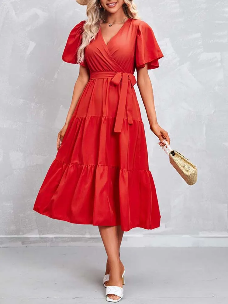 

Женское длинное платье с оборками, повседневное однотонное элегантное платье макси с V-образным вырезом и коротким рукавом, лето 2023