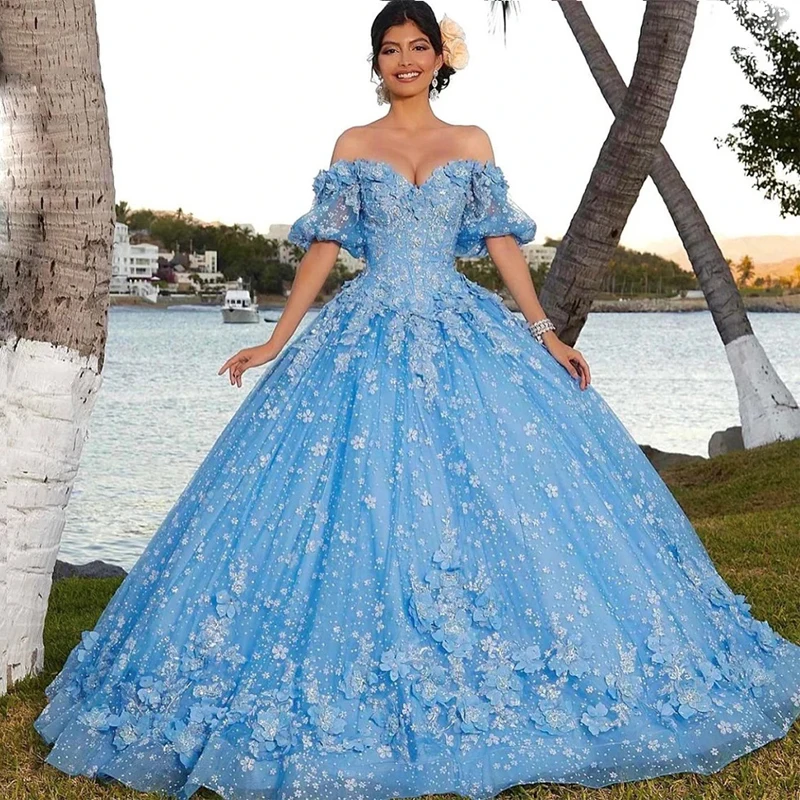 

Sparkly Tulle Sky Blue Off The Shoulder Quinceanera Dresses 2023 Princess Ball Gown Vestido De 15 Anos Sweet 16 Dresses Gala