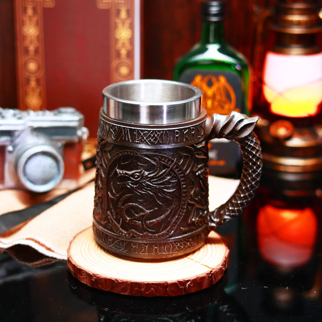 Кофейная кружка из нержавеющей стали с дизайном дракона большая емкость 600 мл