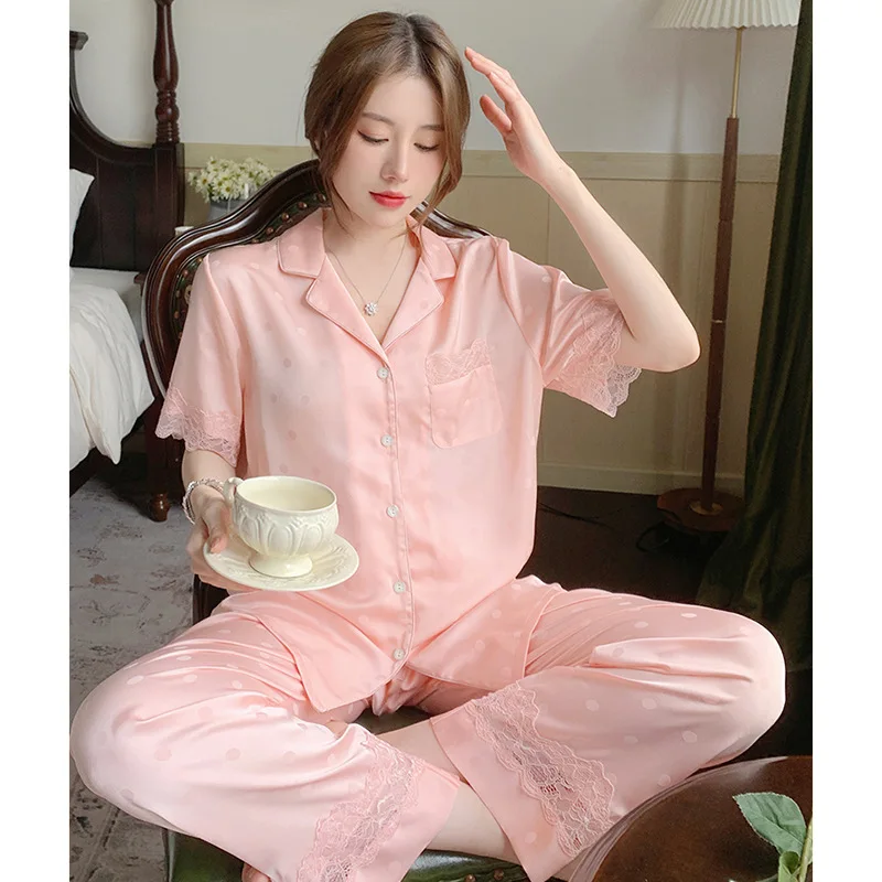 

New wave point lace pyjamas female emulation silk pajamas pink short-sleeved pants leisurewear two-piece outfit in the summer