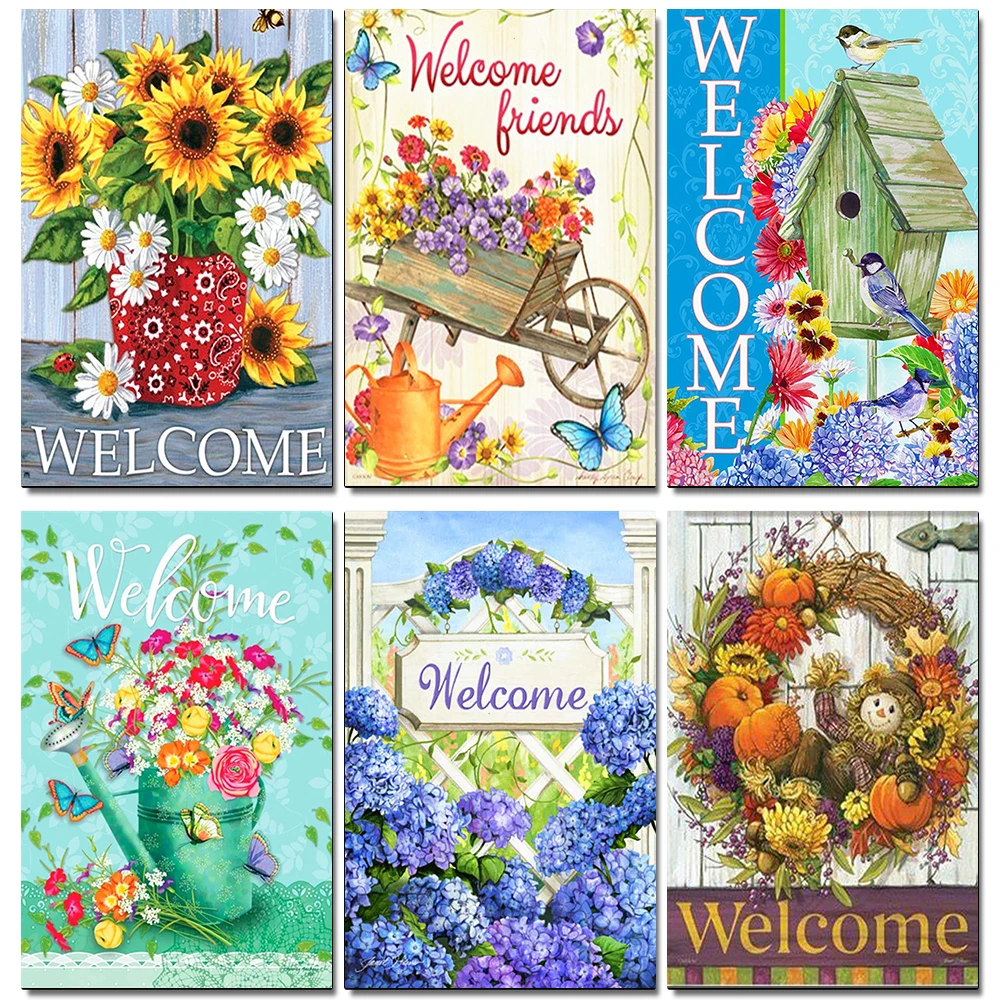 

OLOEY Diamond Mosaic Coloured drawing or pattern Welcome Text Full Drill Square Flower Needlework Beaded Bird 5D DIY Home Decor