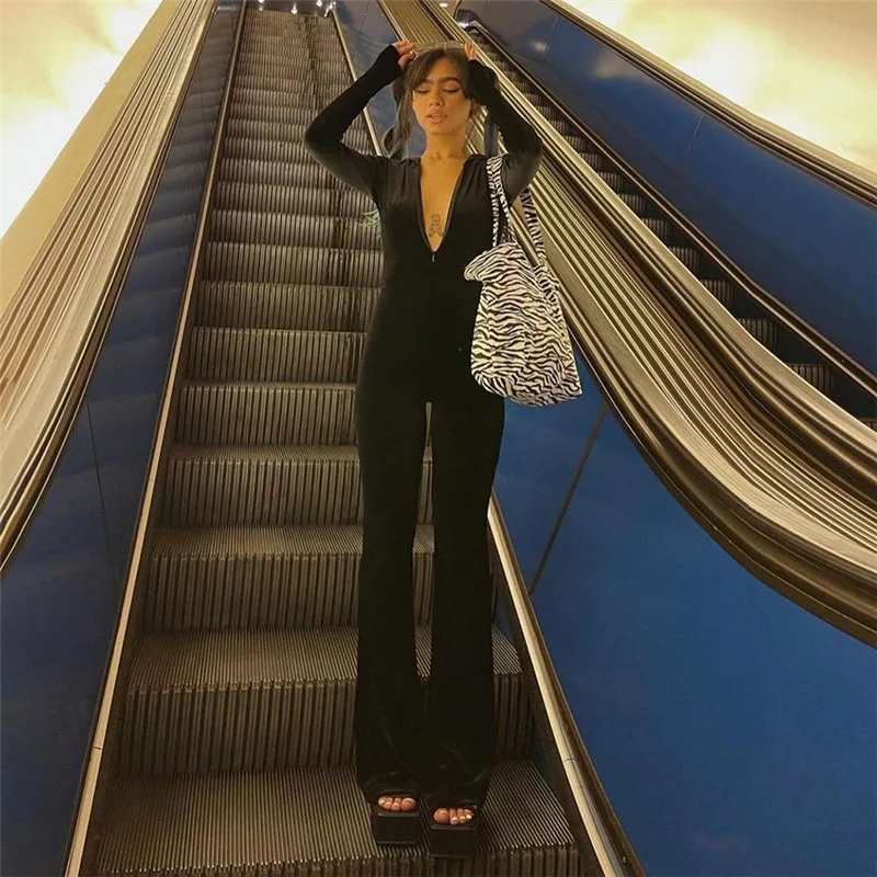 Fall Outfits Women Velvet Jumpsuit Bodysuit Long Sleeve Women Zipper Hooded Fitness Sexy Elegant Women's Overalls Sportswear Y2K